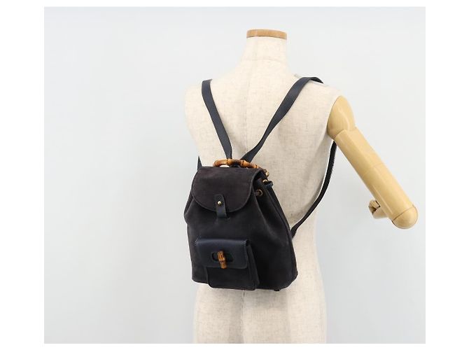 Mochila GUCCI Bamboo Camurça Marinho Ouro 003 2034 0030 Auth BA12560 Dourado Azul marinho - vista 28