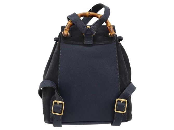 Mochila GUCCI Bamboo Camurça Marinho Ouro 003 2034 0030 Auth BA12560 Dourado Azul marinho - vista 3