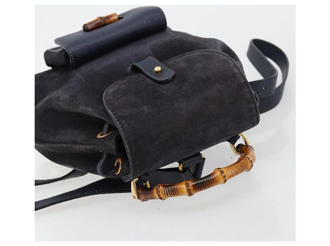 Mochila GUCCI Bamboo Camurça Marinho Ouro 003 2034 0030 Auth BA12560 Dourado Azul marinho - vista 6