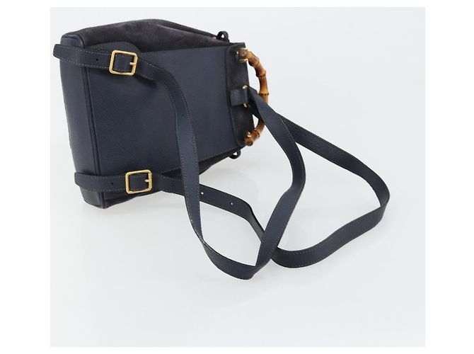Mochila GUCCI Bamboo Camurça Marinho Ouro 003 2034 0030 Auth BA12560 Dourado Azul marinho - vista 9