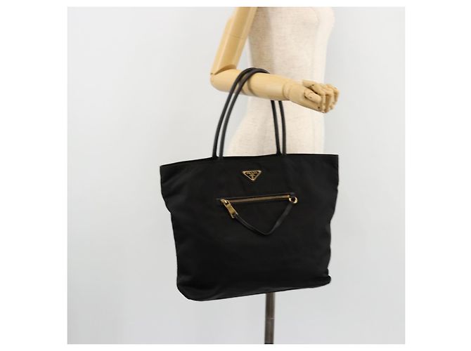 Borsa Tote PRADA Nylon Nero Oro Auth 179207 D'oro - vista 24