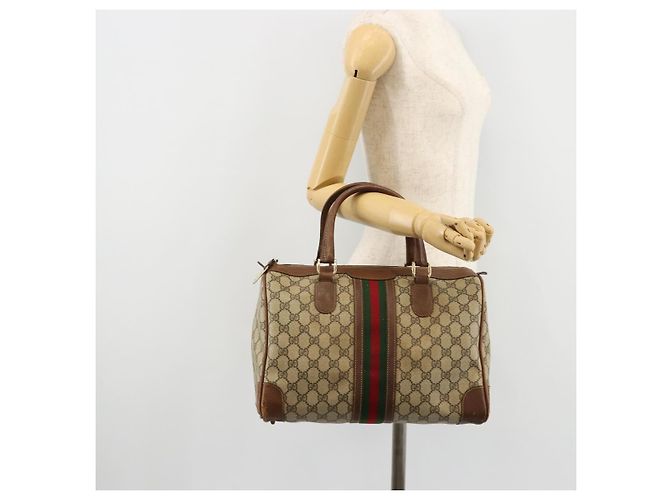 Borsa Boston GUCCI GG Supreme Web Sherry Line PVC Beige Oro Auth 178730 D'oro - vista 20