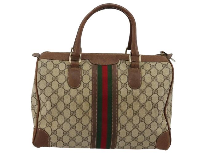Borsa Boston GUCCI GG Supreme Web Sherry Line PVC Beige Oro Auth 178730 D'oro - vista 3