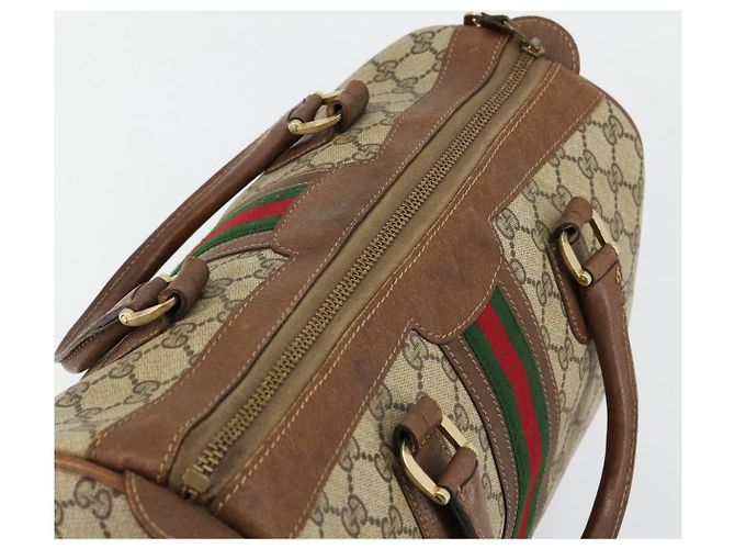 Borsa Boston GUCCI GG Supreme Web Sherry Line PVC Beige Oro Auth 178730 D'oro - vista 6