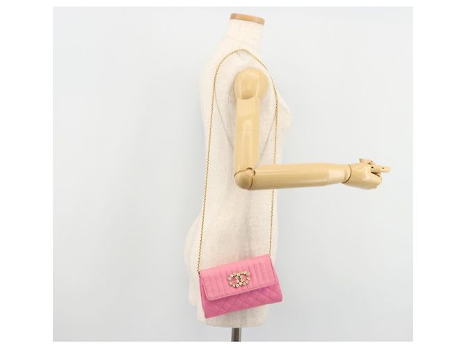 CHANEL Matelasse Chain Shoulder Bag Satin Gold Pink CC Auth 179642A Rosa D'oro - vista 23