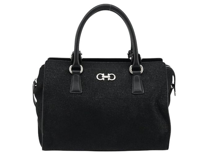 Borsa Salvatore Ferragamo Gancini in tela e pelle 2 modi Nero Argento Auth ka4262A - vista 2
