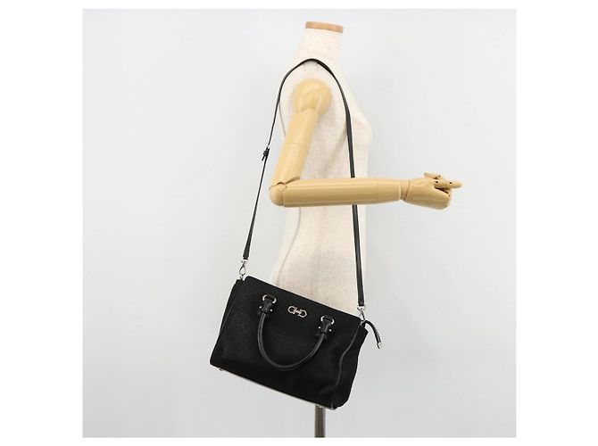 Borsa Salvatore Ferragamo Gancini in tela e pelle 2 modi Nero Argento Auth ka4262A - vista 26