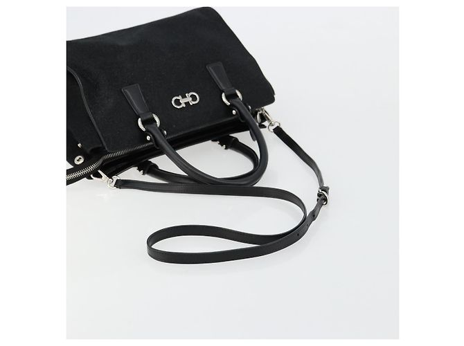 Borsa Salvatore Ferragamo Gancini in tela e pelle 2 modi Nero Argento Auth ka4262A - vista 9