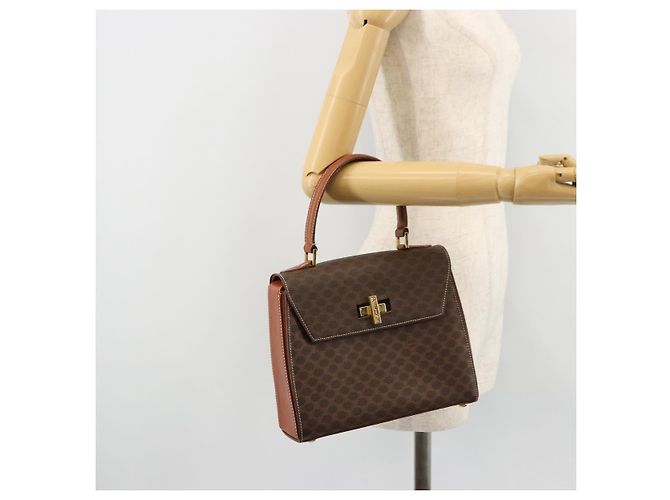 Céline Borsa CELINE Macadam Canvas PVC Pelle Marrone Oro Auth mr2441 D'oro - vista 23