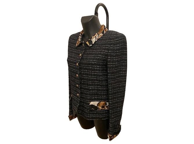 Timeless Giacca Chanel Black Tweed Silk Floral Collar SS2005 - vista 2