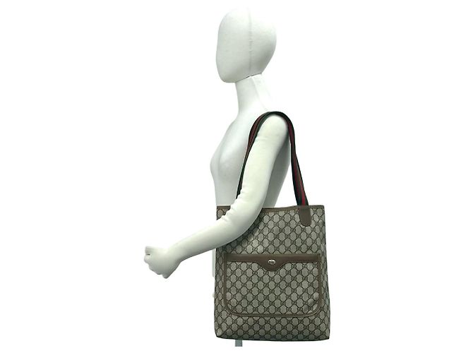 Gucci Vintage Sherry Line GG Logo Ledertasche Braun Rot Grün - Ansicht 2