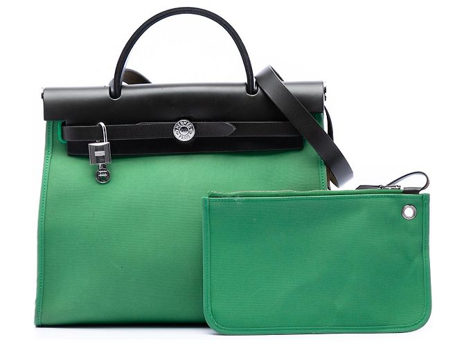 Hermès Herbag Zip 31 in tela militare verde e pelle vachette Hunter - vista 7