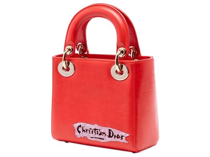 Lady Dior mini in pelle di vitello con perline rossa Rosso - vista 2