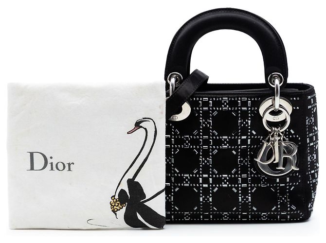 Lady Dior Mini in raso nero con cannage e decorazioni in strass e cristalli - vista 7