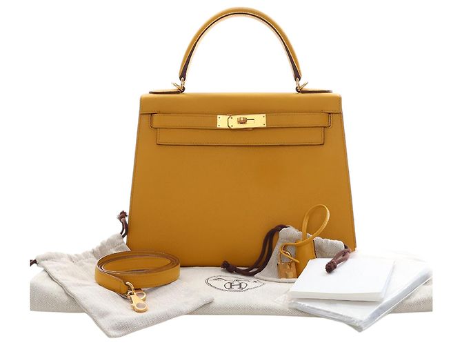Hermès Kelly II Sellier 28 in pelle Epsom gialla Giallo Senape - vista 15