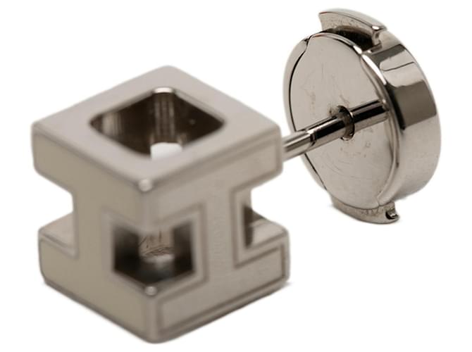 Hermès Orecchini a lobo Hermes Cage d'H H-Cube Logo Argento Bianco - vista 3