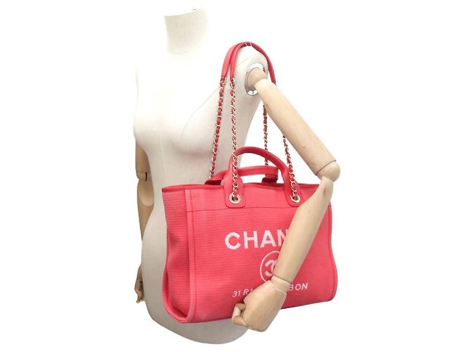 BORSA A TASCA CHANEL DEAUVILLE SHOPPING PM IN TELA ROSA - vista 4