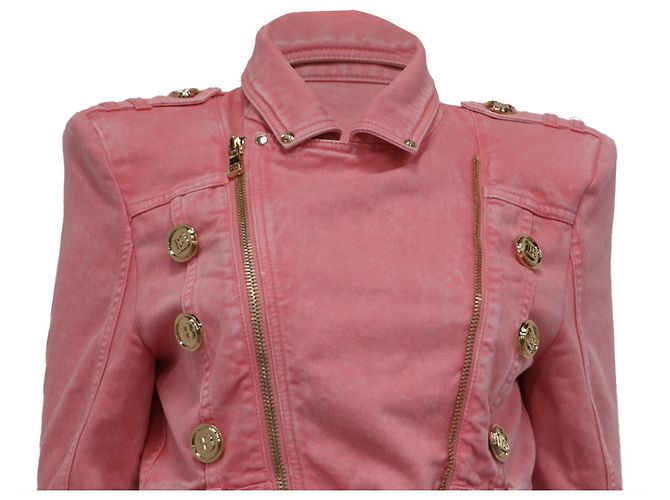 Chaqueta vaquera corta con cinturón Balmain en algodón rosa - vista 2