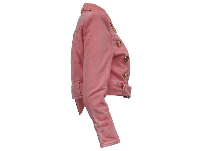 Chaqueta vaquera corta con cinturón Balmain en algodón rosa - vista 3