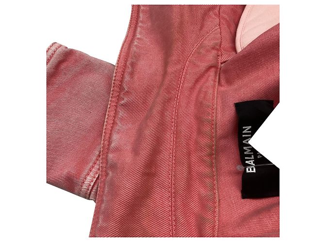 Chaqueta vaquera corta con cinturón Balmain en algodón rosa - vista 5