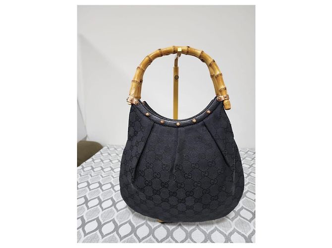 Gucci Borsa Hobo Bamboo Canvas Nera Nero - vista 3