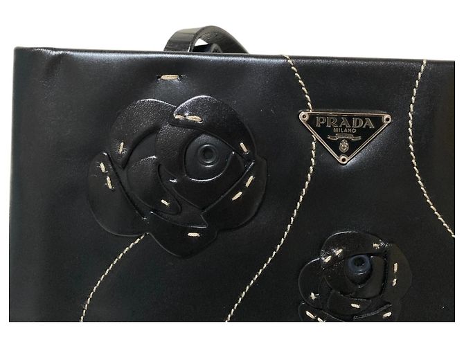 Borsa a mano in pelle con logo triangolo Prada e motivo floreale Nero - vista 6