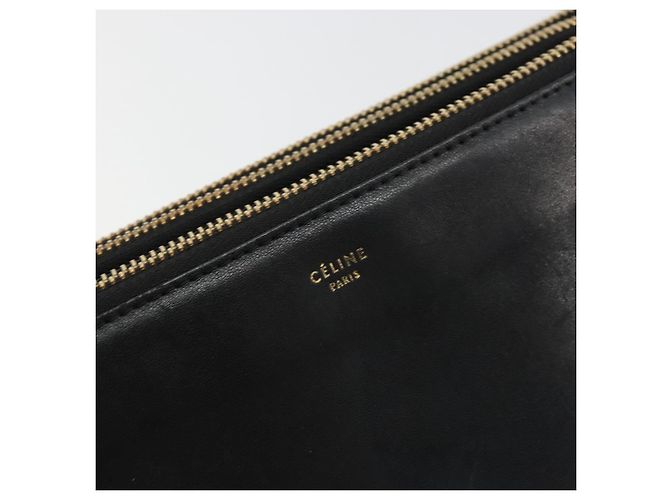 Céline Bolsa de Ombro Trio CELINE em Couro Preto e Ouro Auth mr2435 Dourado - vista 14