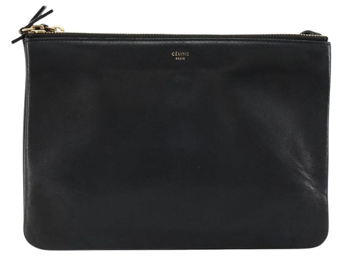 Céline Bolsa de Ombro Trio CELINE em Couro Preto e Ouro Auth mr2435 Dourado - vista 2