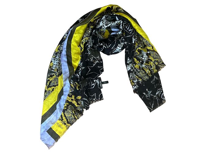 Sciarpa Marc Cain in seta e cotone con stampa stelle e serpente Nero Verde Grigio Giallo Blu chiaro - vista 3