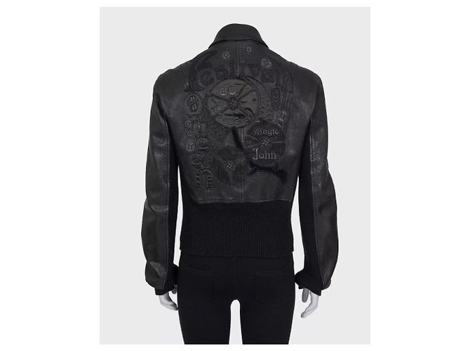 Bestickte schwarze Lederjacke John Galliano EU34/XS gebraucht - Ansicht 2