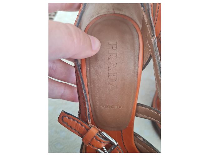 Sandali Prada in pelle arancione e marrone con tacco a blocco - vista 6