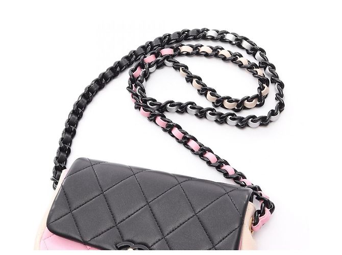 Borsa a Spalla Chanel Mini Matelassé Nero Rosa Beige - vista 9