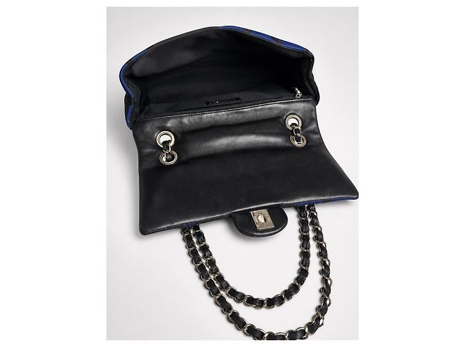 Chanel 13P Runway Blue Black Jersey Classic Medium Single Flap Bag SHW Nero Silver hardware - vista 10