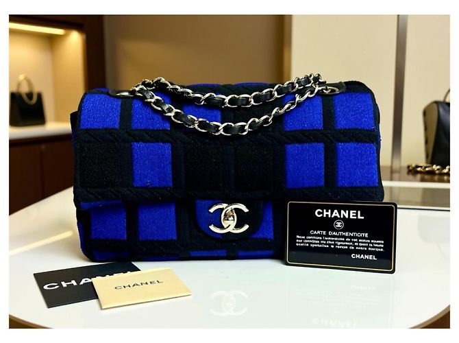 Chanel 13P Runway Blue Black Jersey Classic Medium Single Flap Bag SHW Nero Silver hardware - vista 2