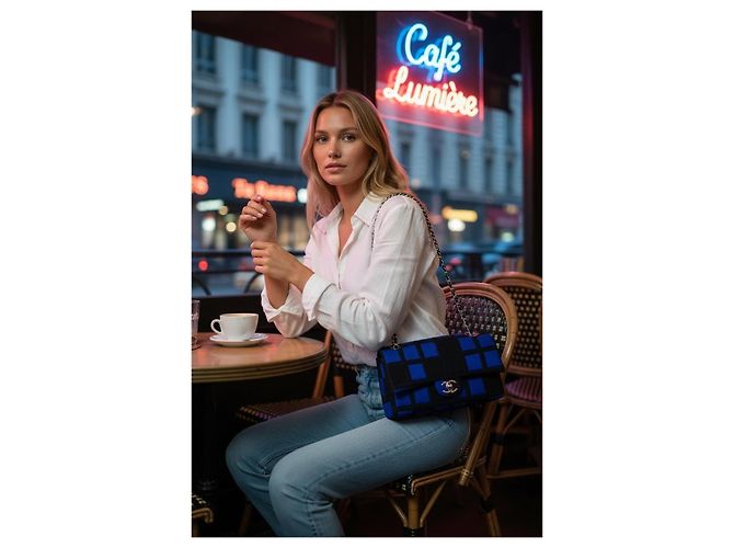Chanel 13P Runway Blue Black Jersey Classic Medium Single Flap Bag SHW Nero Silver hardware - vista 5