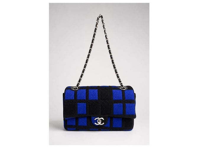 Chanel 13P Runway Blue Black Jersey Classic Medium Single Flap Bag SHW Nero Silver hardware - vista 6