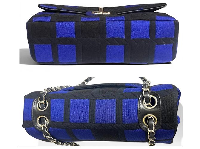 Chanel 13P Runway Blue Black Jersey Classic Medium Single Flap Bag SHW Nero Silver hardware - vista 9