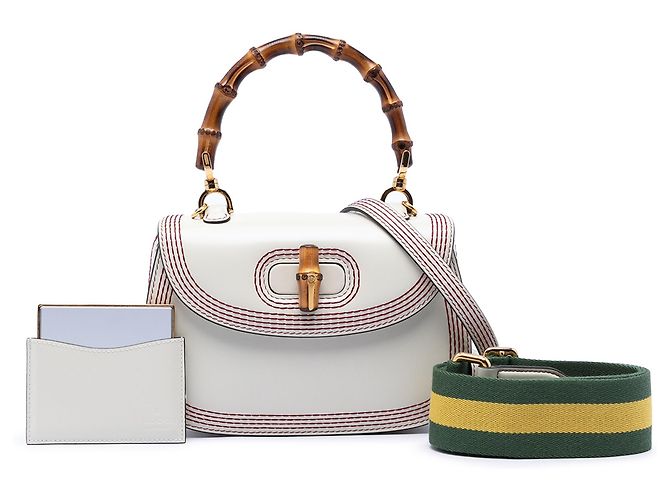 Borsa a manico Gucci White Small Calfskin Stitched Bamboo 1947 Bianco - vista 7