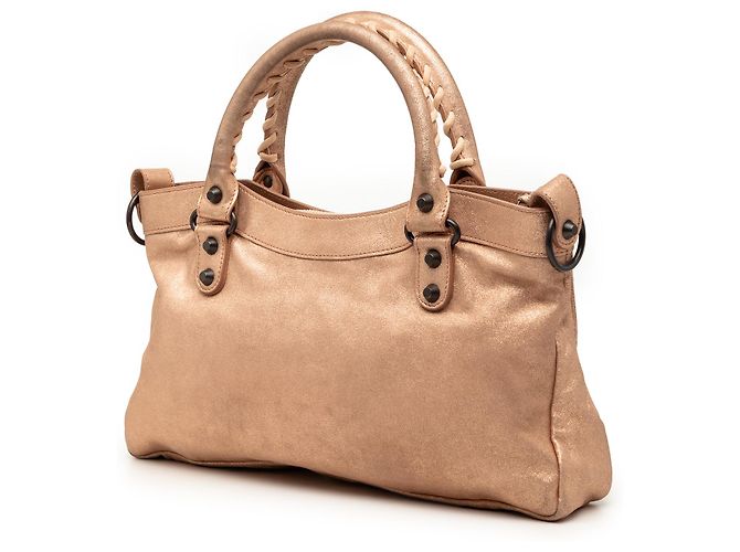 Borsa Balenciaga Pink Metallic Craquele Suede Motocross Classic First Satchel Rosa D'oro - vista 2