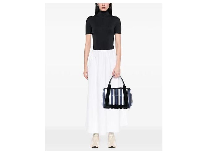 Borsa Balenciaga Cabas S in tela a righe - Blu Navy Nero Bianco - vista 11