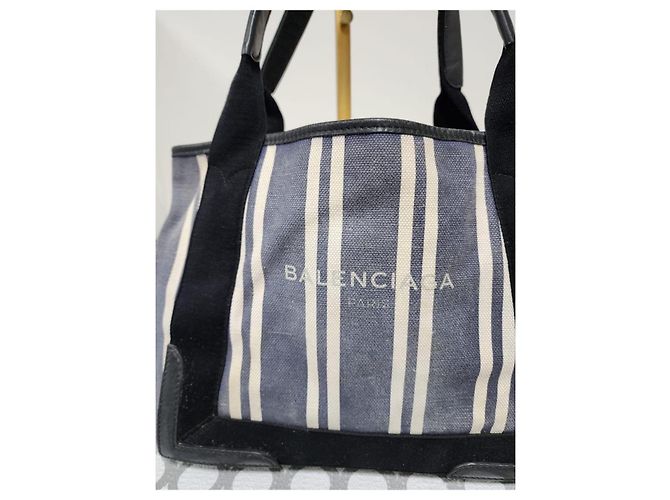 Borsa Balenciaga Cabas S in tela a righe - Blu Navy Nero Bianco - vista 4