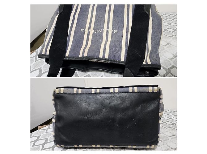 Borsa Balenciaga Cabas S in tela a righe - Blu Navy Nero Bianco - vista 8