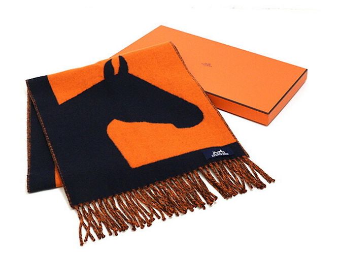 Hermès Stola in cashmere Love Story Hermes Arancione Blu navy - vista 2
