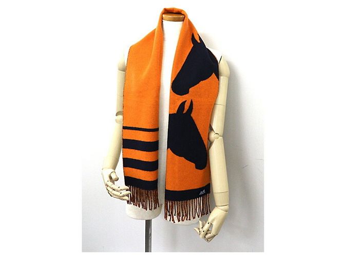 Hermès Stola in cashmere Love Story Hermes Arancione Blu navy - vista 3