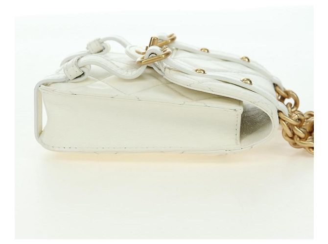 CHANEL Matelasse Chain Shoulder Bag Leather 2way White Gold CC Auth 179581SAM Bianco D'oro - vista 4