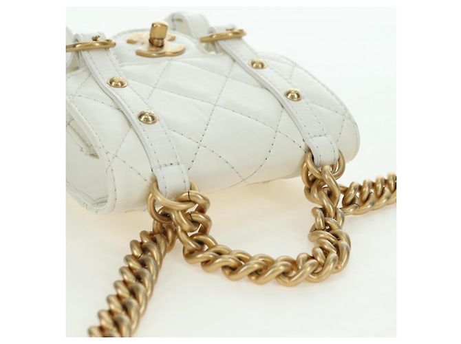 CHANEL Matelasse Chain Shoulder Bag Leather 2way White Gold CC Auth 179581SAM Bianco D'oro - vista 6
