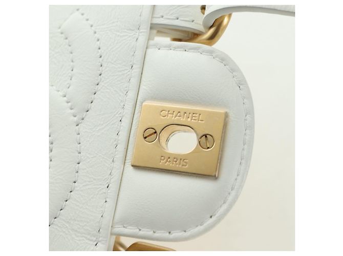 CHANEL Matelasse Chain Shoulder Bag Leather 2way White Gold CC Auth 179581SAM Bianco D'oro - vista 9