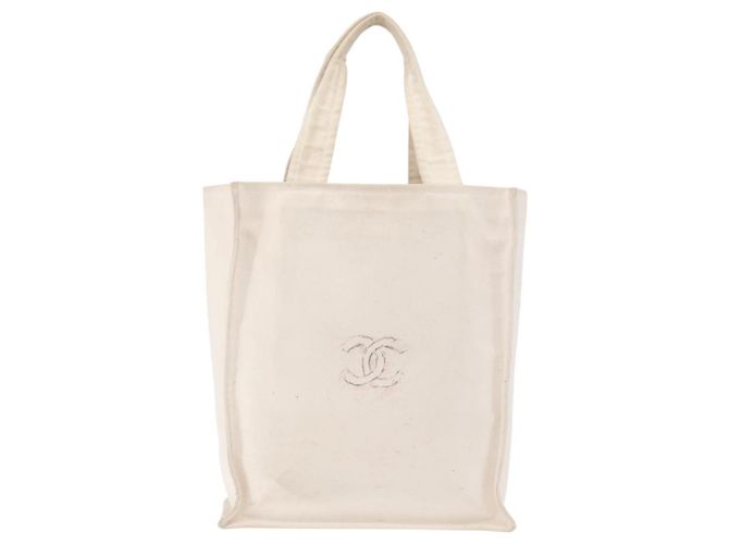 CHANEL Tote Bag Canvas Weiß Silber CC Auth BA12534A - Ansicht 2