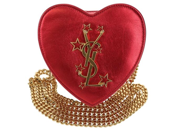 Borsa a Spalla SAINT LAURENT Love Heart Chain in Pelle Rossa e Oro Auth 179049V Rosso D'oro - vista 13
