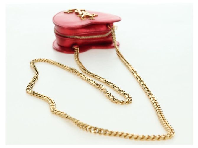 Borsa a Spalla SAINT LAURENT Love Heart Chain in Pelle Rossa e Oro Auth 179049V Rosso D'oro - vista 7